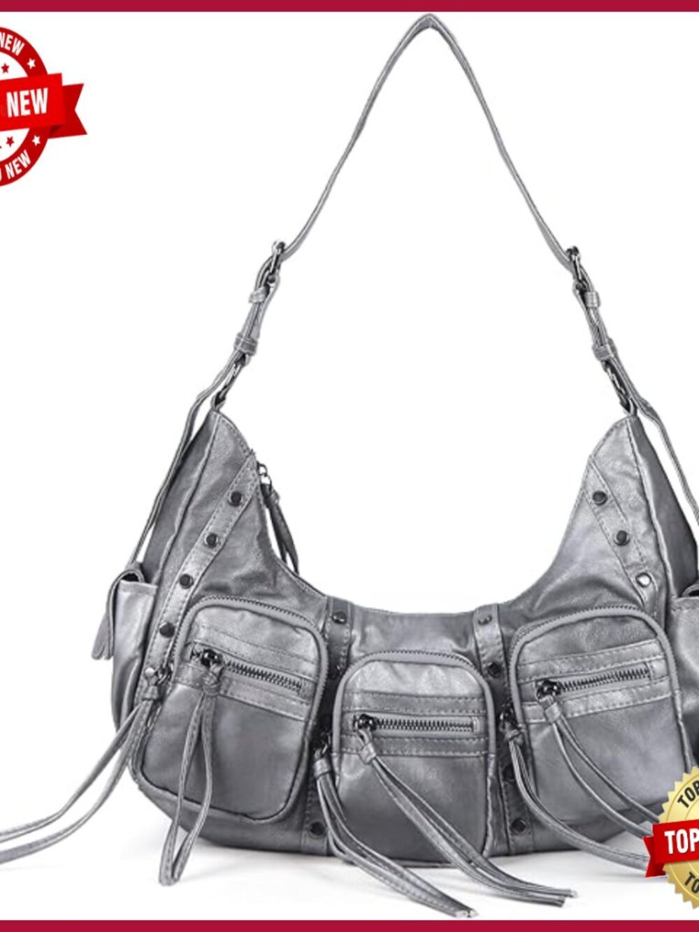 Y2K Vegan Leather Hobo Shoulder Bag with Studs Multi Pockets Satchel Handbag